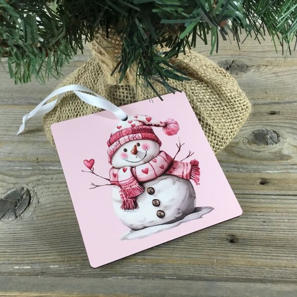 Snowman with Pink Hat & Heart Scarf 3.5" Square Wooden Ornament - Picture 4 of 5